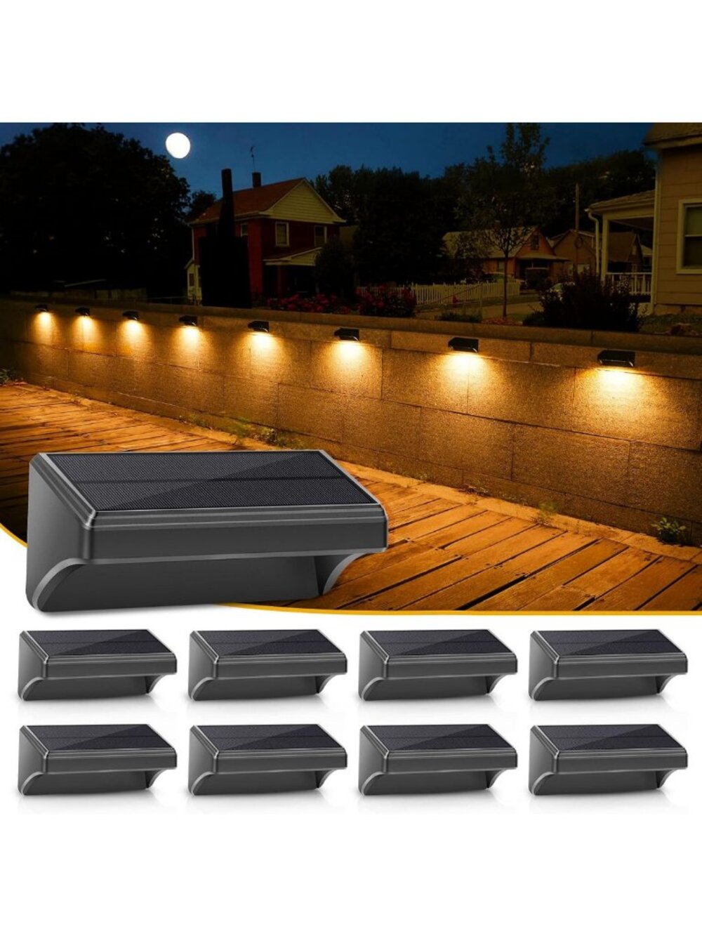 8 Pack Solar Fence Lights - 100 Lumen Waterproof Outdoor Lighting, Warm White